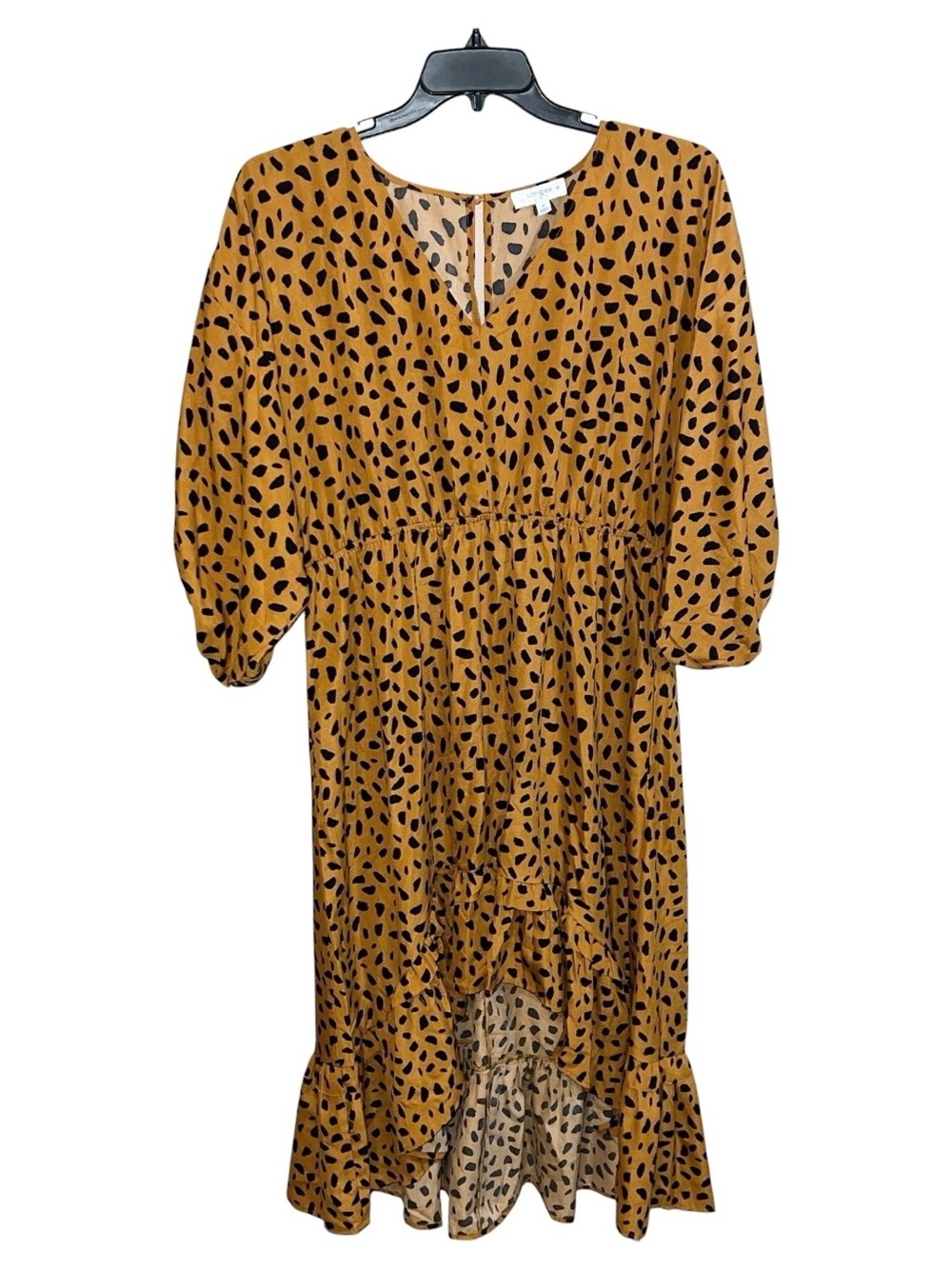 Umgee USA Animal Print V-Neck Puff Sleeve Midi Dress Women’s XL Camel Black